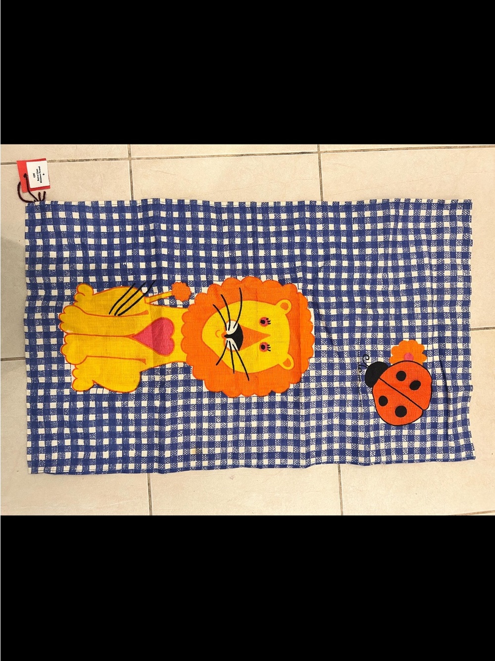 Vintage Blue Gingham Towel with Lion and Ladybug